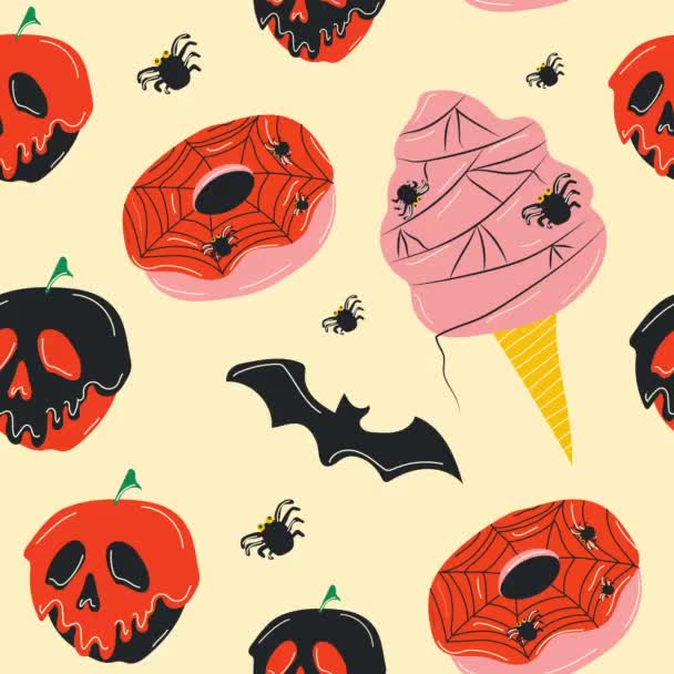 Fundo Laço Halloween Bonito Uma Maçã Com Crânio Rosto Personagens — Vídeo de Stock
