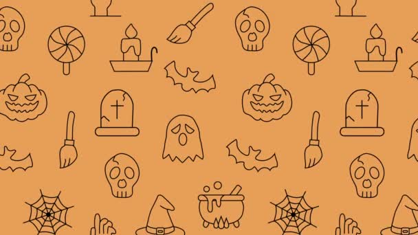Loop Achtergrond Halloween Iconen Een Oranje Achtergrond Videobeelden — Stockvideo