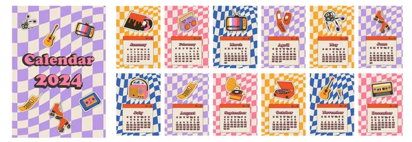 2024 Календар Дизайном Ретро Наклейок Планувальник Календаря Мінімальний Стиль Щорічний — стоковий вектор