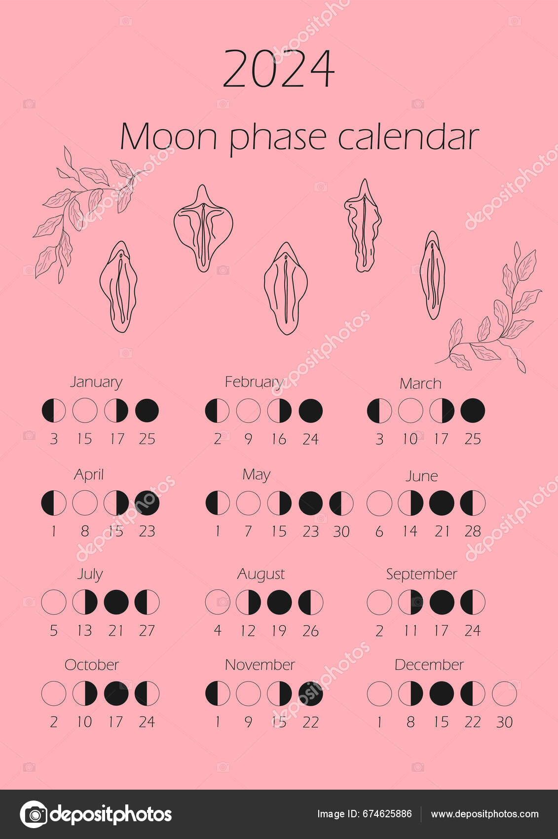 Moon Phases Calendar 2024 Waning Gibbous Waxing Crescent New Moon Stock