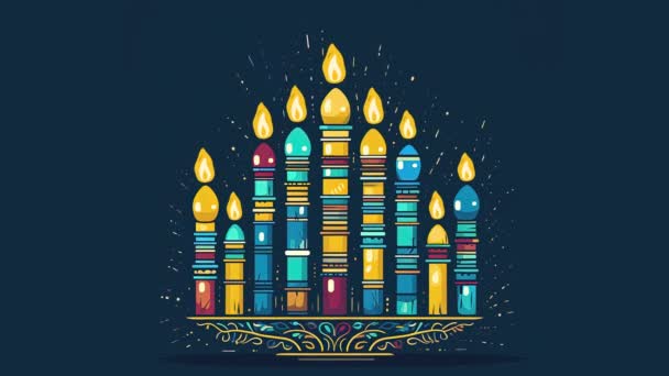 Hanukkah Menorah Candelabrum用9支点燃的蜡烛 视频平面卡通动画设计元素 — 图库视频影像
