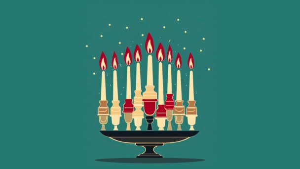 Hanukkah Menorah Candelabrum用9支点燃的蜡烛 视频平面卡通动画设计元素 — 图库视频影像