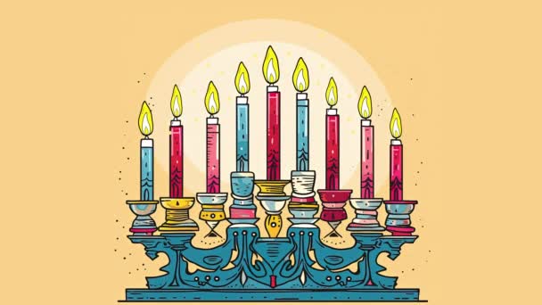 Chanukka Menora Leuchter Mit Neun Brennenden Kerzen Video Flache Zeichentrick — Stockvideo