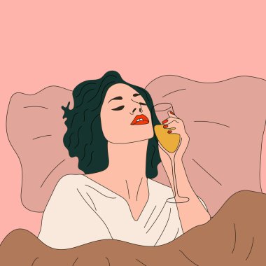 Bir kadın yatakta bir bardak şampanya içer. Vektör. Şarap zamanı.