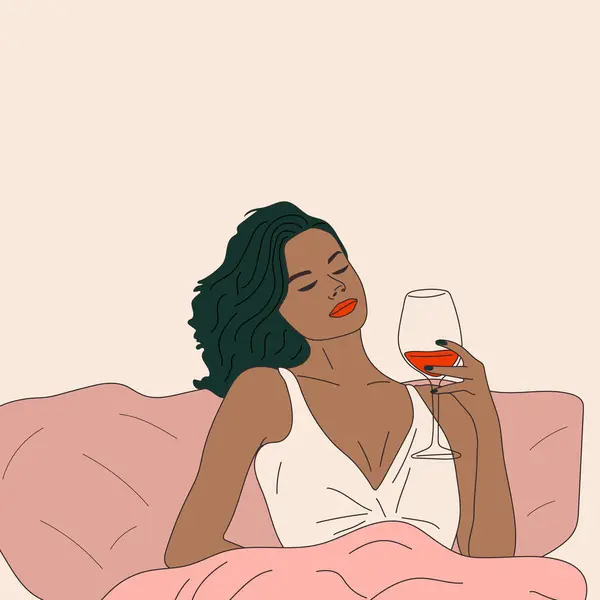 Eine Frau Trinkt Bett Ein Glas Wein Vektor Weinzeit — Stockvektor