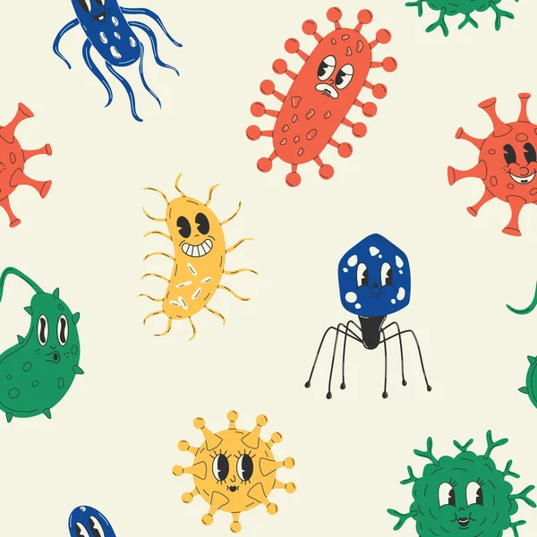 Бесшовный Рисунок Милыми Бактериями Мультфильма Вирусный Характер Старая Анимация Смешные — стоковый вектор