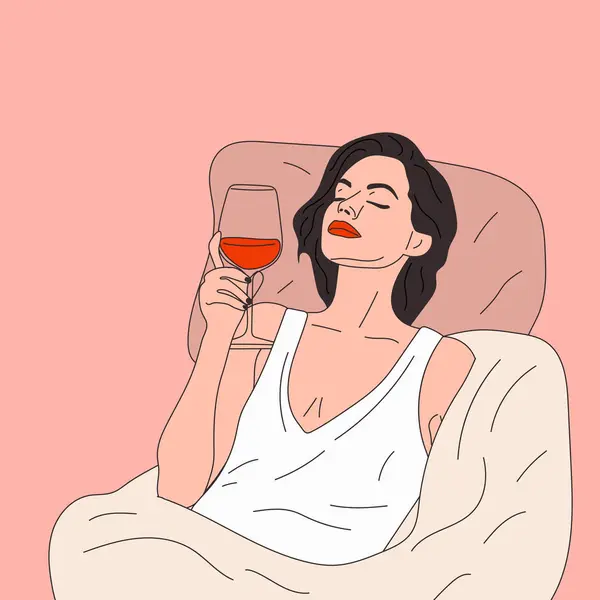 Kvinna Dricker Ett Glas Vin Sängen Vektor Vinets Tid — Stock vektor