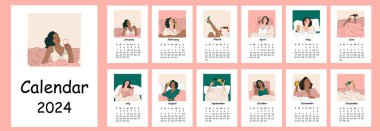 2024 takviminde soyut çizimlerle dolu bir kadın yatakta bir bardak şarap içiyor. Takvim planlayıcısı minimal stil, yıllık düzenleyici. Vektör illüstrasyonu