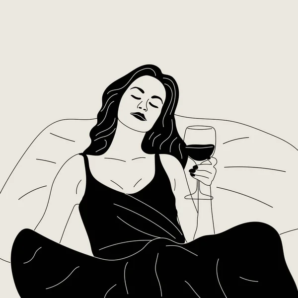 Mulher Branca Preta Bebe Copo Vinho Cama Vector Hora Vinho — Vetor de Stock