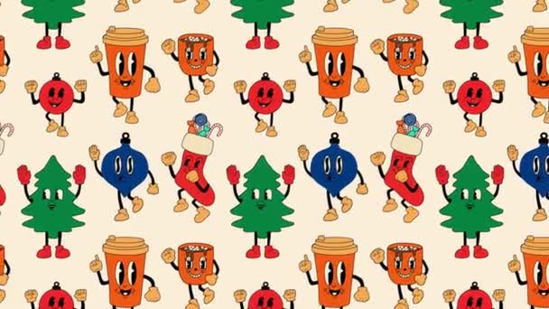 Feliz Navidad Colección Retro Dibujos Animados Personajes Mascota Animación Loop — Vídeos de Stock
