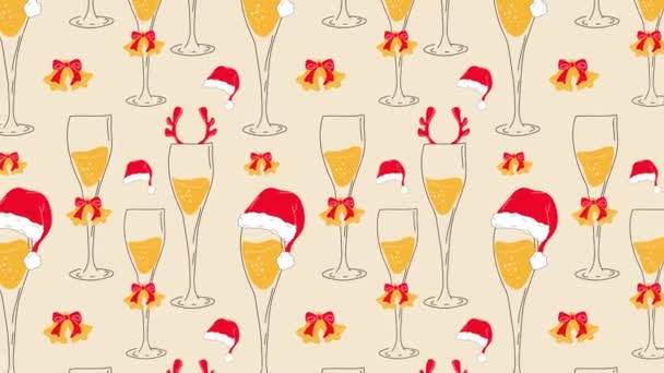 Bicchieri Champagne Con Accessori Natale Animazione Loop Sfondo Video Piatto — Video Stock
