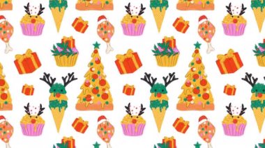 Noel yemeği, pizza, dondurma, Noel süslemeleriyle süslenmiş kek animasyon arka planı..