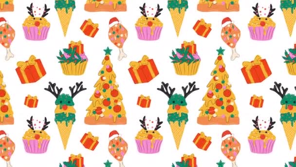 Χριστουγεννιάτικο Σετ Χαριτωμένο Τροφίμων Pizza Παγωτό Cupcakes Διακοσμημένα Χριστουγεννιάτικες Διακοσμήσεις — Αρχείο Βίντεο