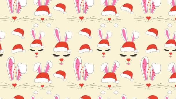ガーランドアニメーションループバックグラウンドでかわいいクリスマスウサギの顔 ビデオフラット漫画アニメーションデザイン要素 4Kビデオ映像について — ストック動画