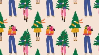 Noel ağacı animasyon döngüsü arkaplanı taşıyan kızlar. Video düz çizgi film animasyon tasarım elementi. 4K video görüntüleri