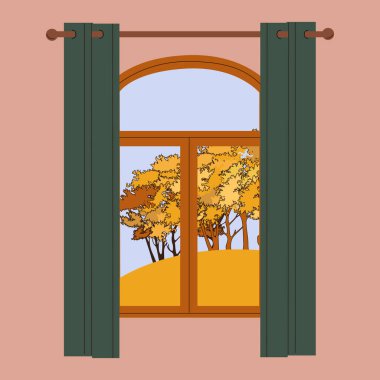 Sonbahar penceresi. Sonbahar manzaralı pencere. Sonbahar sezonu. Hygge konsepti. Sıcak sonbahar günleri