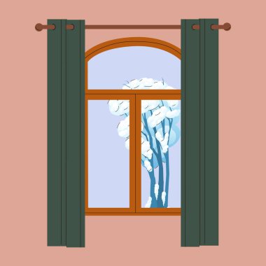 Kış penceresi. Kış manzaralı pencere. Kar yağıyor. Hygge konsepti. Sıcak sonbahar günleri