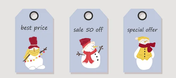 Ndirimli Fiyat Etiketlerinin Vektör Kümesi Şirin Noel Kardan Adamlarıyla Etiketler Telifsiz Stok Illüstrasyonlar