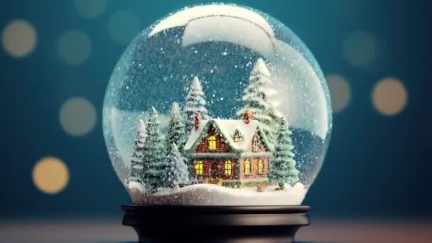 Kristallen Bal Sneeuwbal Met Besneeuwde Kerstboom Huis Binnen Geanimeerd Video — Stockvideo