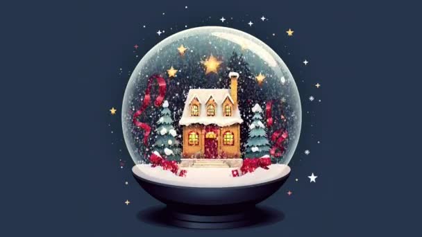 Kristallkugel Schneeball Mit Verschneitem Weihnachtsbaum Und Haus Drinnen Beseelt Video — Stockvideo