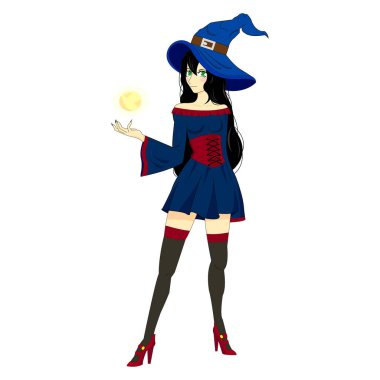 Cadı! Şirin bayanlar. Düz stil. Cadılar Bayramı kostümü. El çizimi modern Vektör çizimi. Poster, etiket şablonları