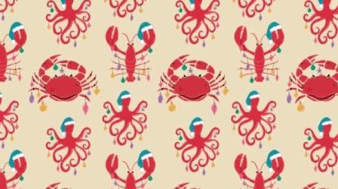 Noel süslemeleri olan sevimli Yengeç, ıstakoz, ahtapot çizgi film karakteri. animasyon Döngü Arkaplanı. Video yassı çizgi film animasyon tasarım ögesi. 4K video görüntüleri