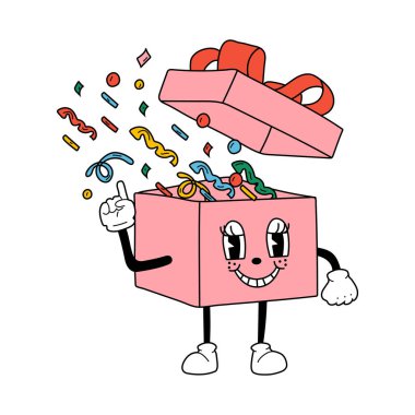 Şirin çizgi film hediye kutusu karakteri. Mutlu ve neşeli duygular. Eski animasyon 60 'lar, komik çizgi film karakterleri. Eski stilde moda illüstrasyon.