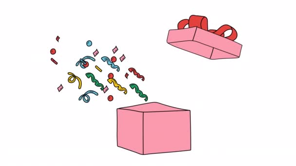 Caja Regalo Animación Con Confeti Estilo Plano Paquete Regalo Con — Vídeo de stock