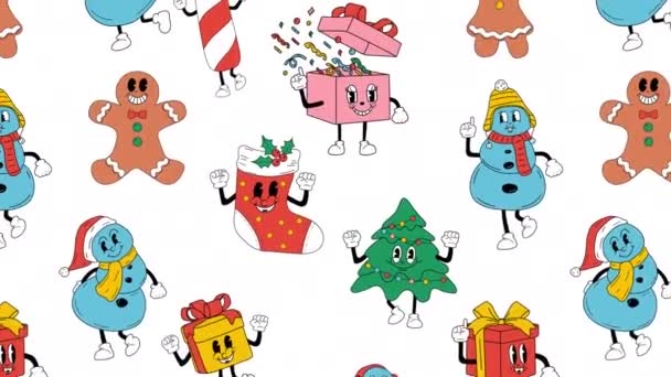 シームレスなパターンとキュートなカートンクリスマスコットアニメーションループバックグラウンド ビデオフラット漫画アニメーションデザイン要素 4Kビデオ映像について — ストック動画