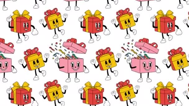 Naadloos Patroon Met Leuke Stripdoos Cadeau Karakter Animatie Loop Achtergrond — Stockvideo