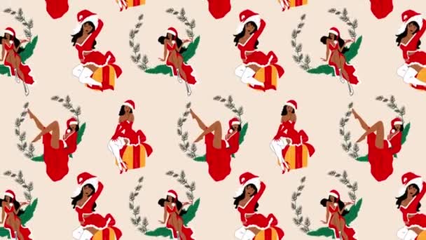 Meninas Está Vestida Com Vestido Natal Sexy Animação Loop Fundo — Vídeo de Stock