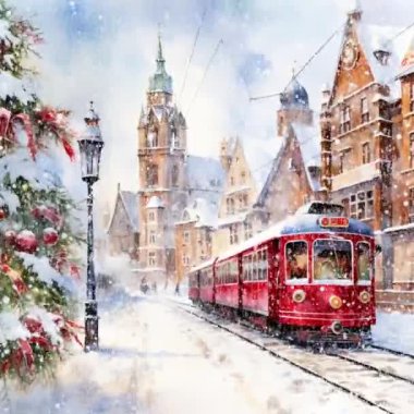Animasyon Tramvayı ve büyük şehrin karlı caddeleri Noel arifesinde. Video düz çizgi film animasyon tasarım elementi. 4K video görüntüleri