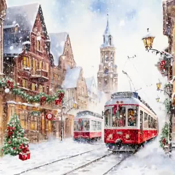 Анімація Трамвай Снігові Вулиці Великого Міста Напередодні Різдва Відео Плоский — стокове відео
