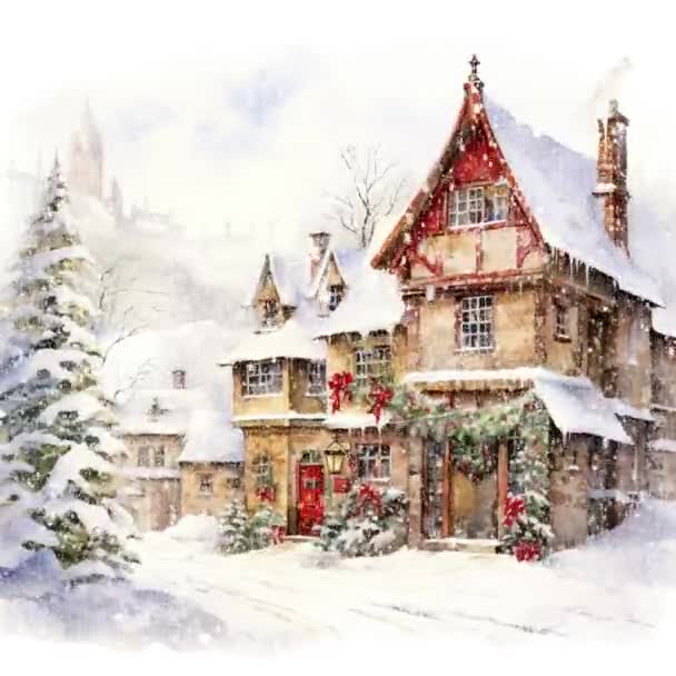 Animace Vánoční Domácí Dekorace Vánoční Dům Akvarel Video Ploché Kreslené — Stock video
