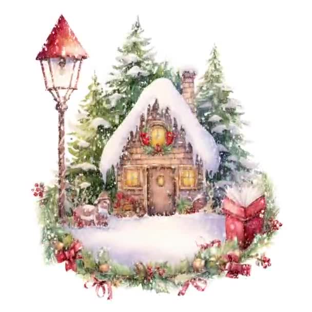Animatie Kerst Huis Decoratie Kerstmis Huis Aquarel Video Platte Tekenfilm — Stockvideo