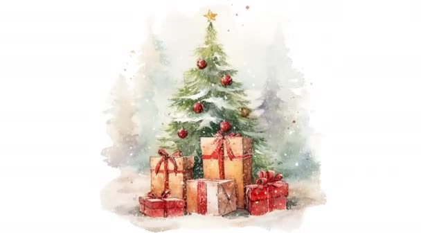 Animación Acuarela Árbol Navidad Con Cajas Regalo Juguetes Video Plano — Vídeos de Stock