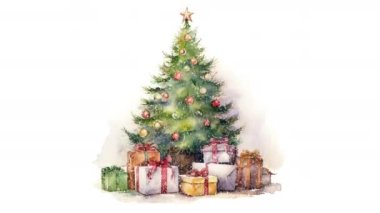 Animasyon suluboya Noel ağacı hediye kutuları ve oyuncaklarla. Video düz çizgi film animasyon tasarım elementi. 4K video görüntüleri