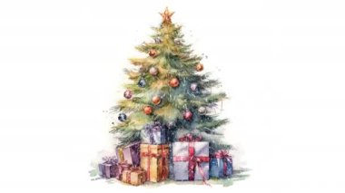 Animasyon suluboya Noel ağacı hediye kutuları ve oyuncaklarla. Video düz çizgi film animasyon tasarım elementi. 4K video görüntüleri