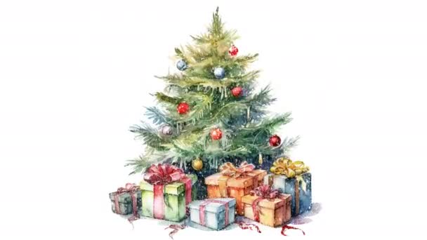 Animace Akvarel Vánoční Stromek Dárkovými Krabicemi Hračkami Video Ploché Kreslené — Stock video
