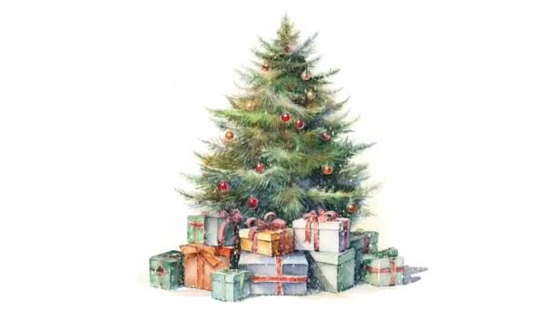 Animation Aquarell Weihnachtsbaum Mit Geschenkschachteln Und Spielzeug Video Flache Zeichentrickanimation — Stockvideo