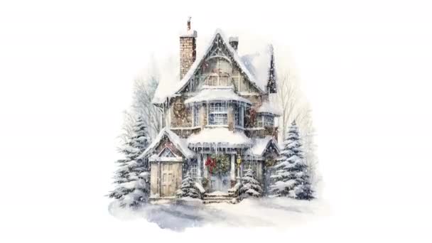 Animacja Świąteczne Dekoracje Domu Dom Bożego Narodzenia Akwarela Wideo Płaska — Wideo stockowe