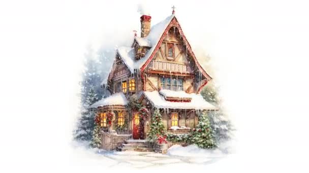 Animacja Świąteczne Dekoracje Domu Dom Bożego Narodzenia Akwarela Wideo Płaska — Wideo stockowe