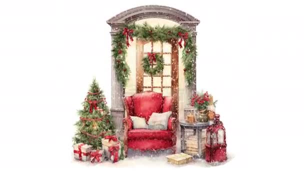Κινούμενα Σχέδια Χριστουγεννιάτικη Διακόσμηση Σπιτιού Χριστουγεννιάτικο Στεφάνι Στην Πόρτα Χειμώνα — Αρχείο Βίντεο
