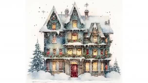 Animace Vánoční Domácí Dekorace Vánoční Dům Akvarel Video Ploché Kreslené — Stock video