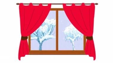 Animasyon Kış Penceresi. Kış manzaralı pencere. Kar yağıyor. Hygge konsepti. Video düz çizgi film animasyon tasarım elementi. 4K video görüntüleri, alfa kanalı 