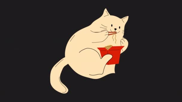 Анимация Симпатичная Кошка Ест Лапшу Использует Палочки Видеоплоский Мультипликационный Элемент — стоковое видео