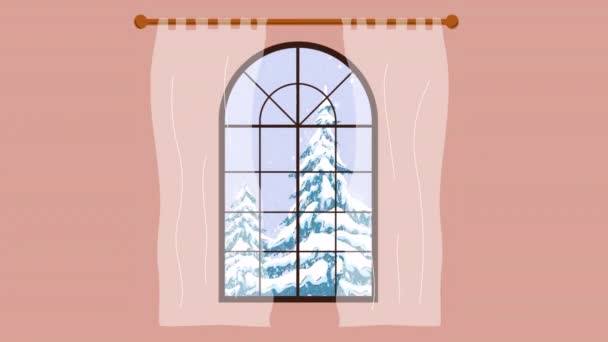 Χειμερινό Παράθυρο Κινουμένων Σχεδίων Παράθυρο Θέα Χειμώνα Χιόνι Ιδέα Του — Αρχείο Βίντεο