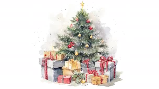 Animace Akvarel Vánoční Stromek Dárkovými Krabicemi Hračkami Video Ploché Kreslené — Stock video
