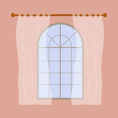 Odadaki pencere ve perdeler. Evin penceresi. Vektör düz resimleme