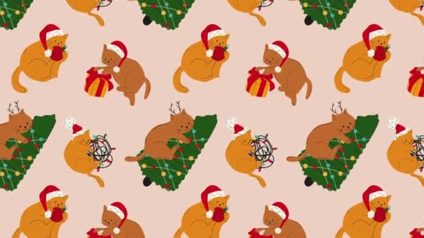 Cute Cartoon Gatos Com Decoração Natal Animações Antigas Loop Background — Vídeo de Stock